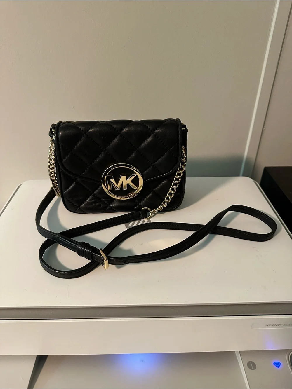 Michael Kors Black Quilted Crossbody with Gold MK Emblem